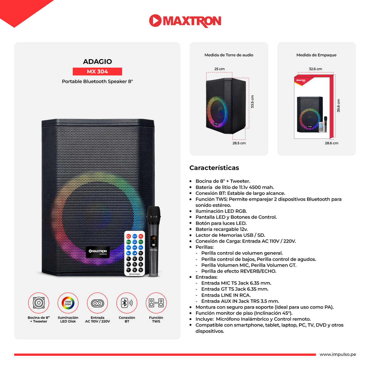Parlante Portátil Recargable RGB Adagio MX304