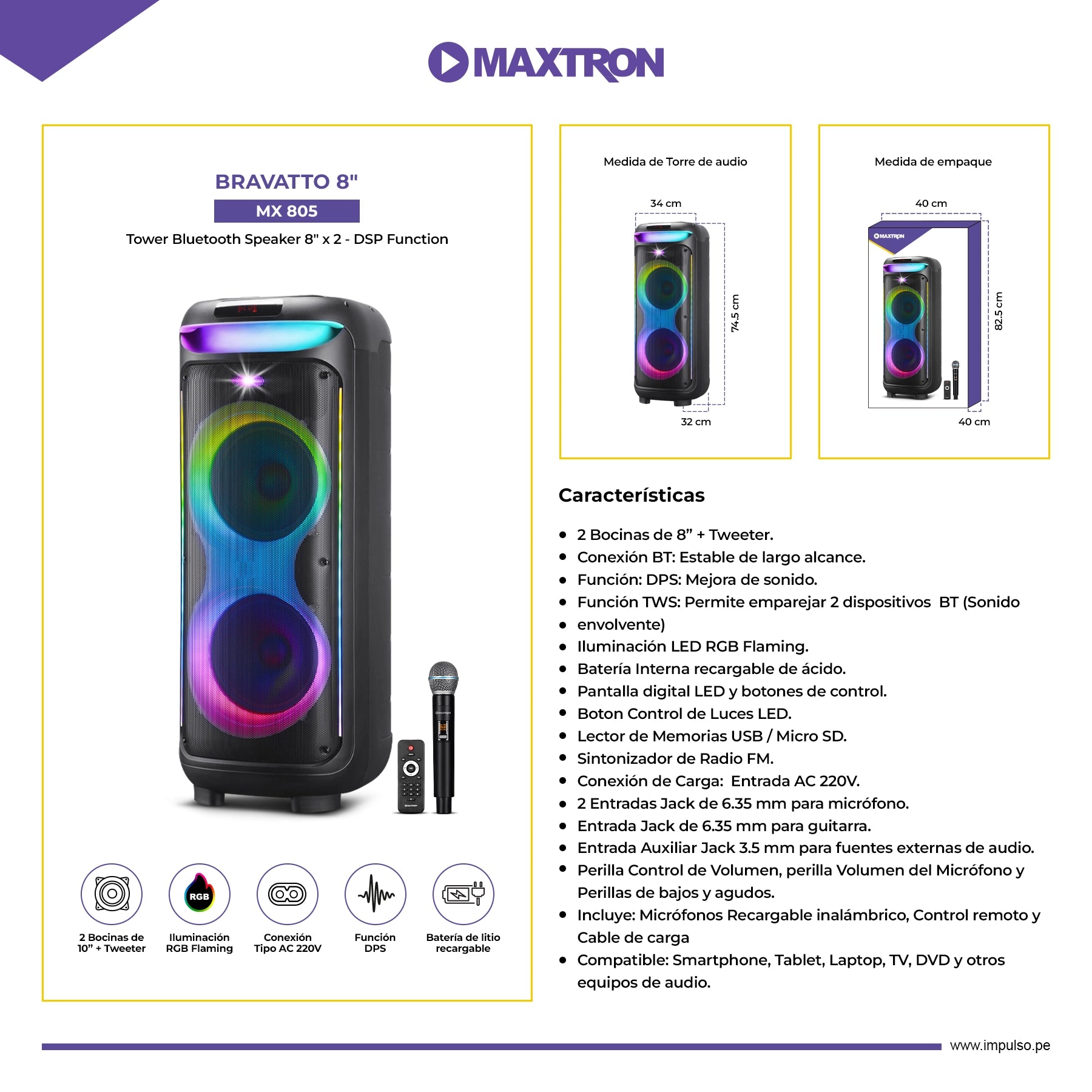 Torre de Sonido 8"x2 Bravatto 8" MX 805