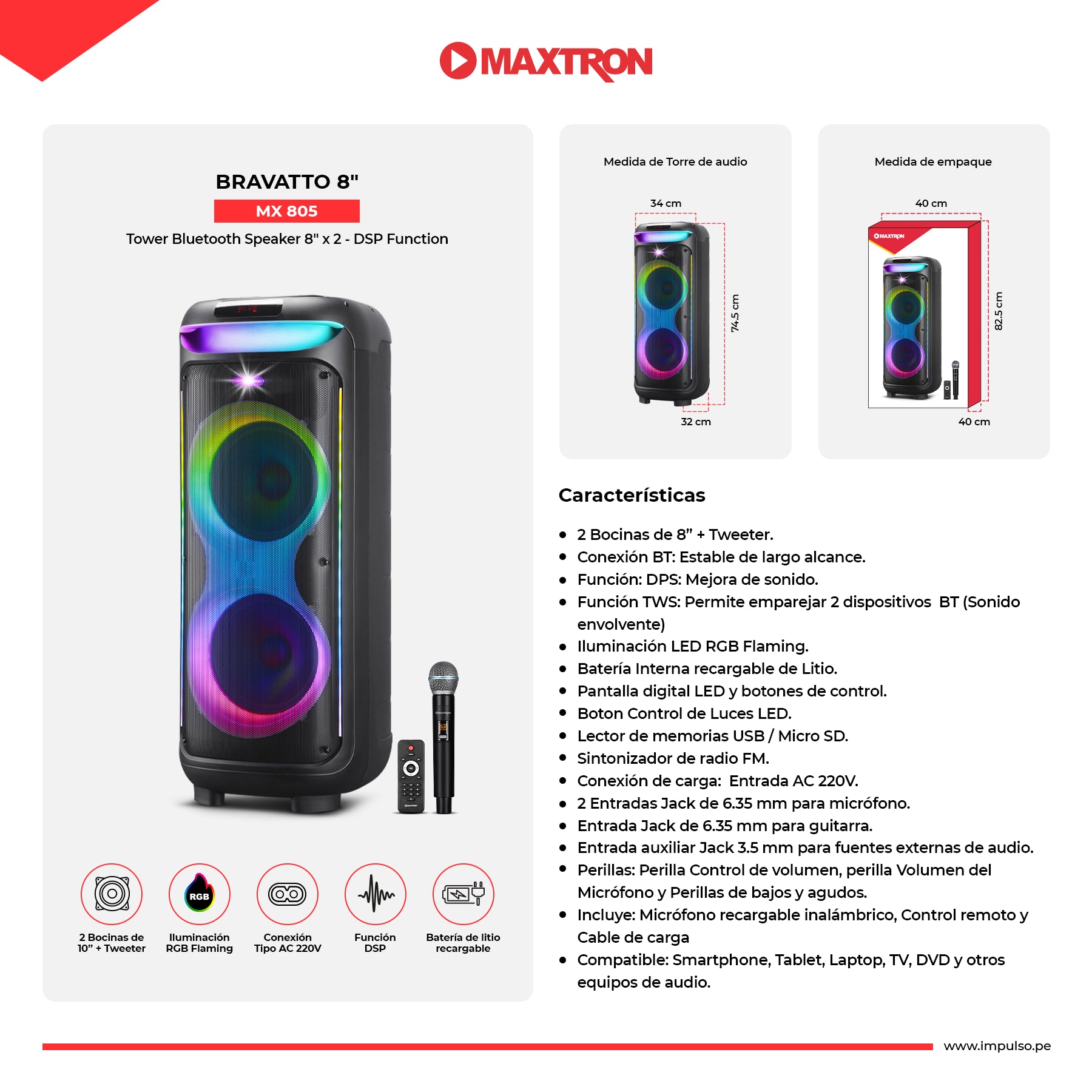 Torre de Sonido 8"x2 Bravatto 8" MX 805