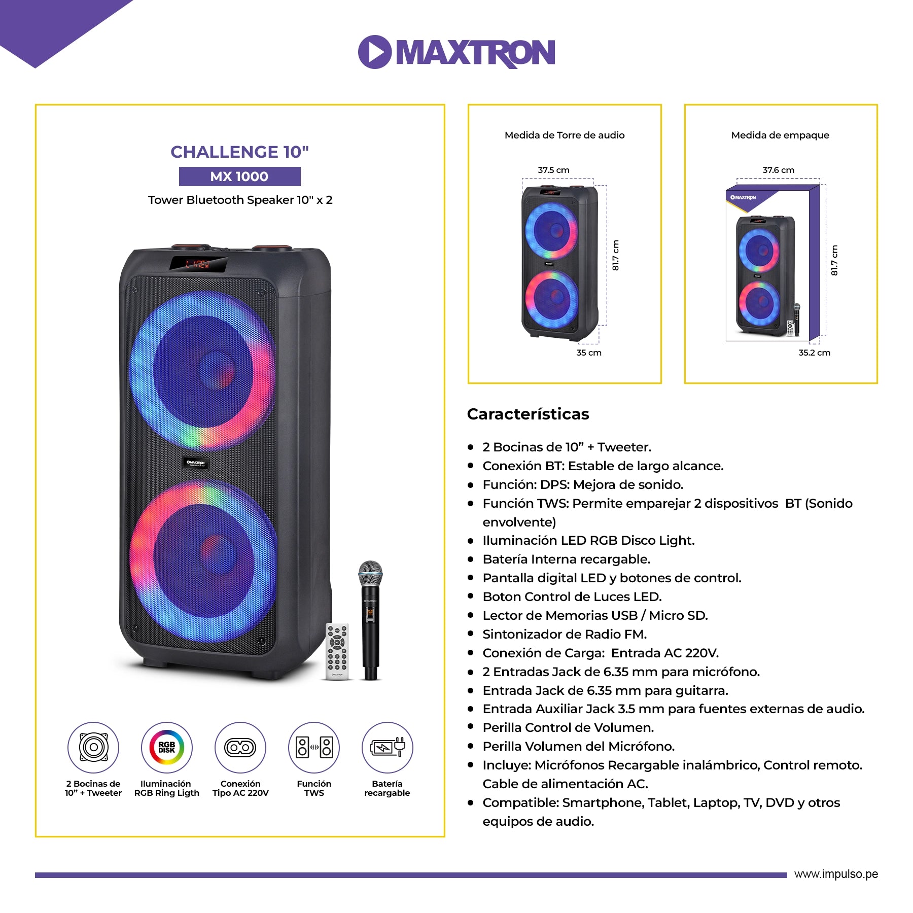 Torre de Sonido 10"x2 Challenge 10" MX 1000