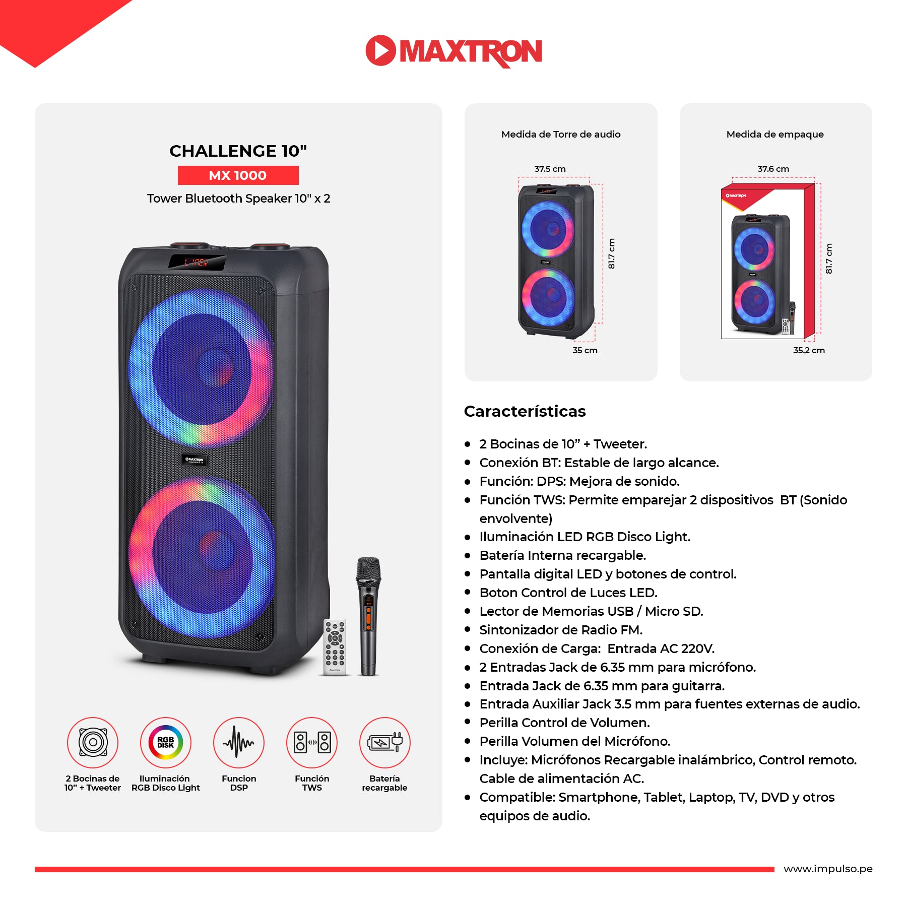 Torre de Sonido 10"x2 Challenge 10" MX 1000