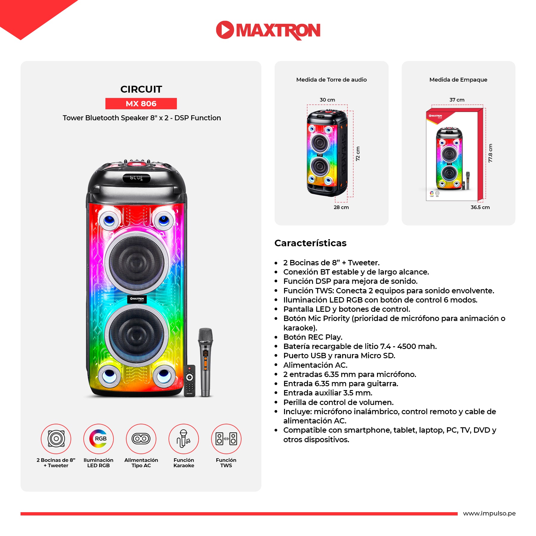 Torre de Sonido Recargable RGB 8"x 2 Circuit 8" MX 806
