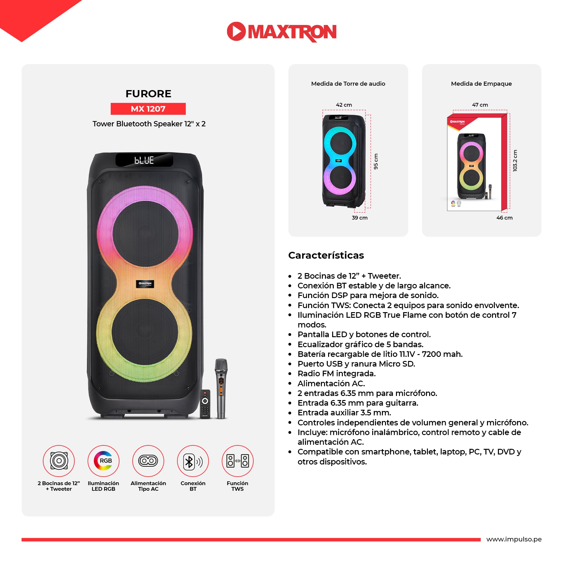 Torre de Sonido Recargable RGB Furore 12"x 2 MX1207