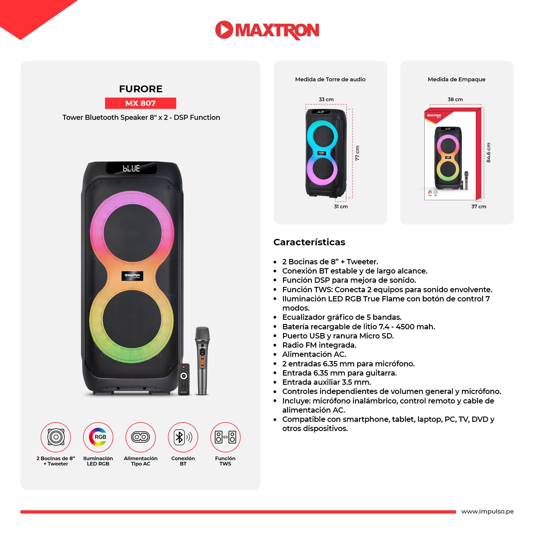 Torre de Sonido Recargable RGB 8"x 2 Furore 8" MX807