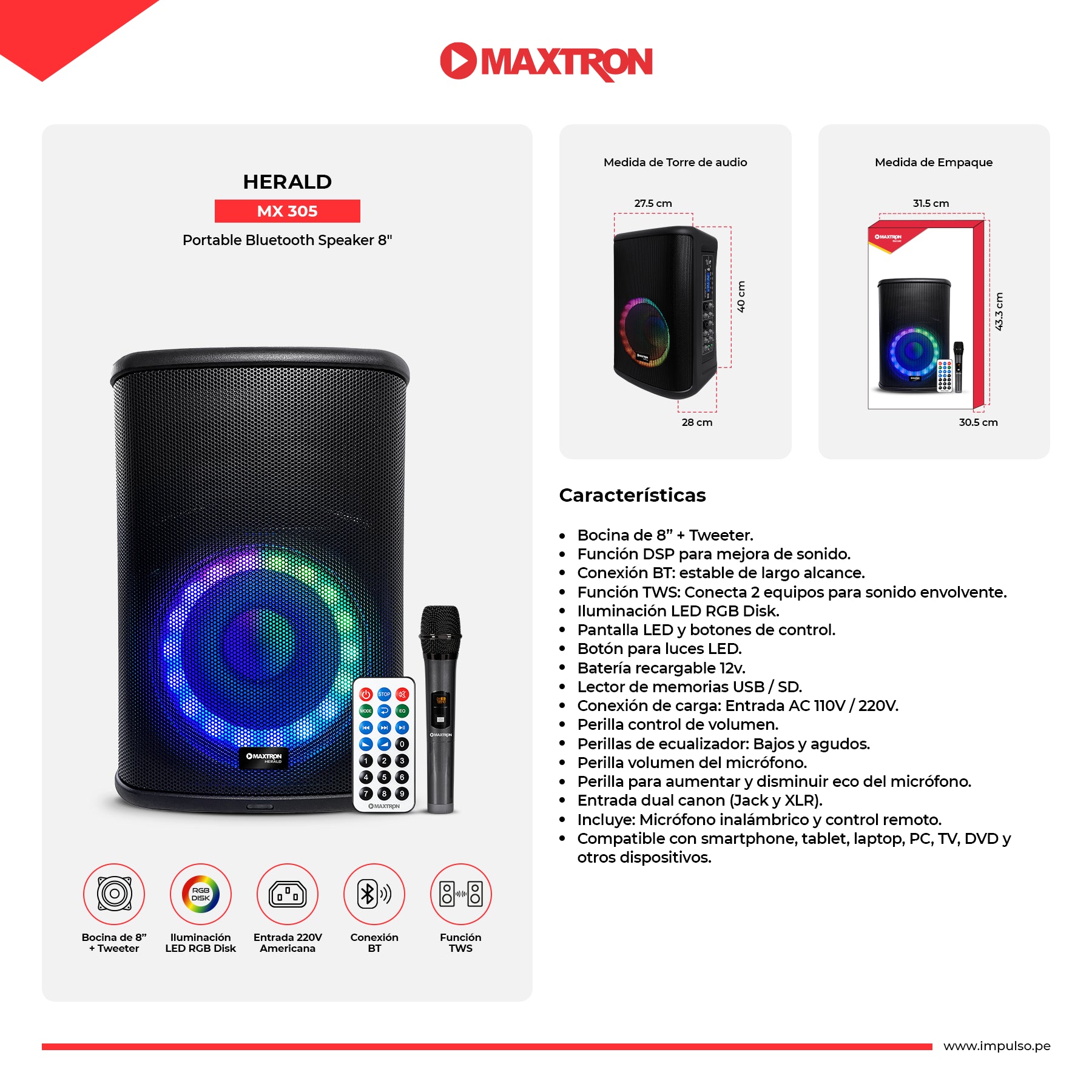 Parlante Portátil Recargable RGB Herald MX305