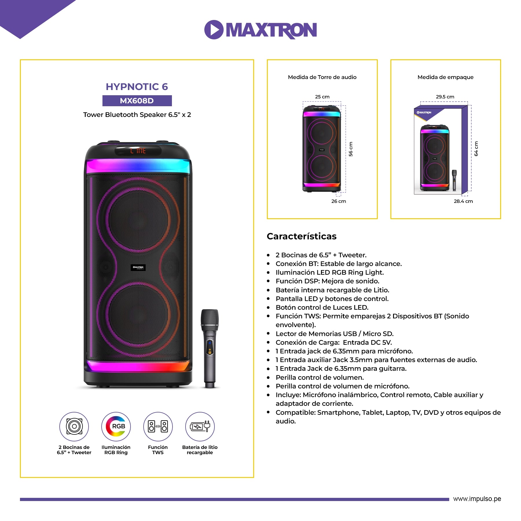 Torre de Sonido 6.5"x2 Hypnotic 6" MX608d