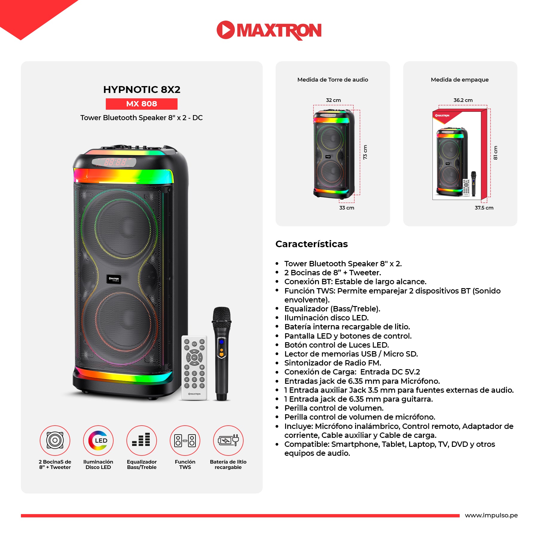 Torre de Sonido 8"x2 Hypnotic 8" MX 808