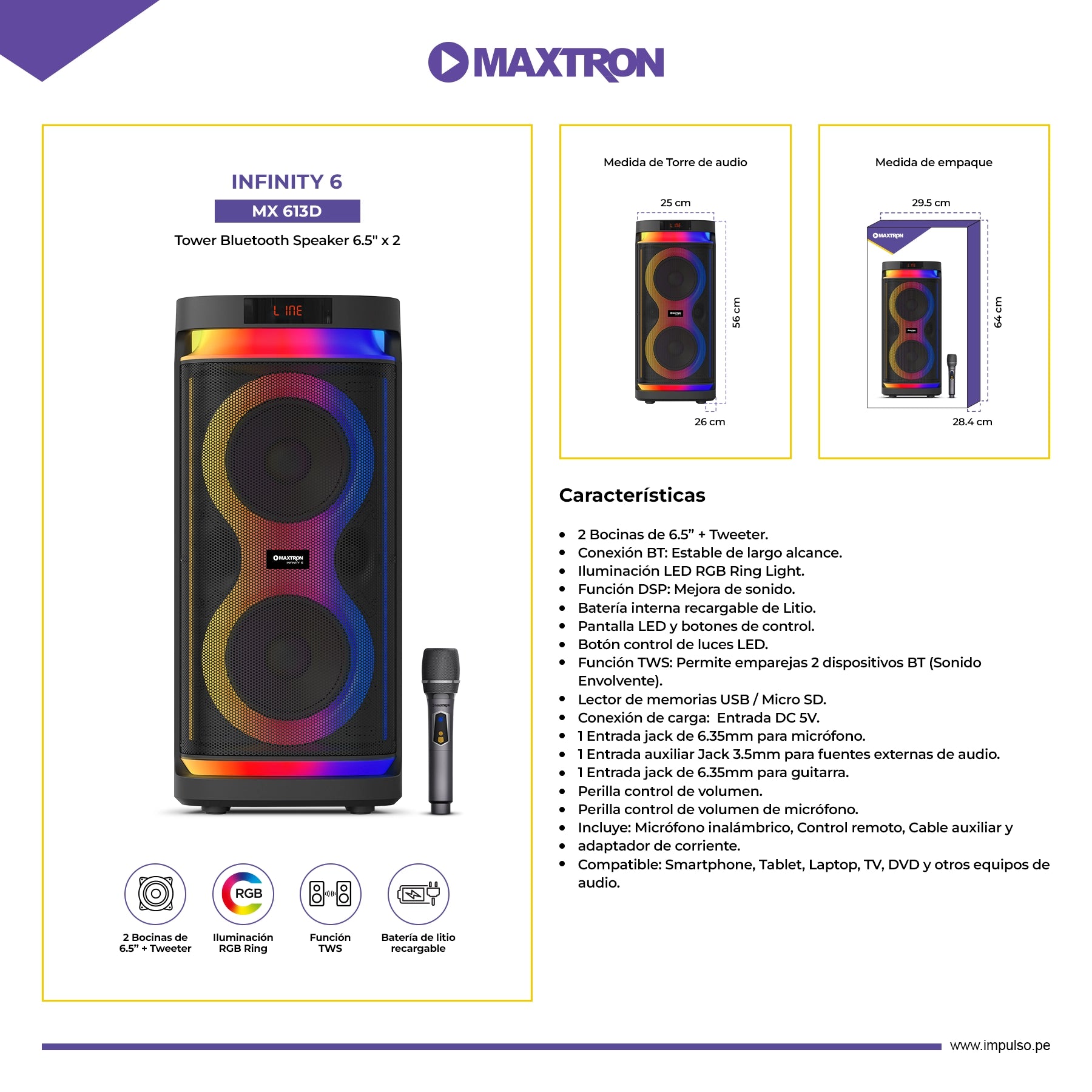 Torre de Sonido 6.5"x2 Infinity 6" MX613d