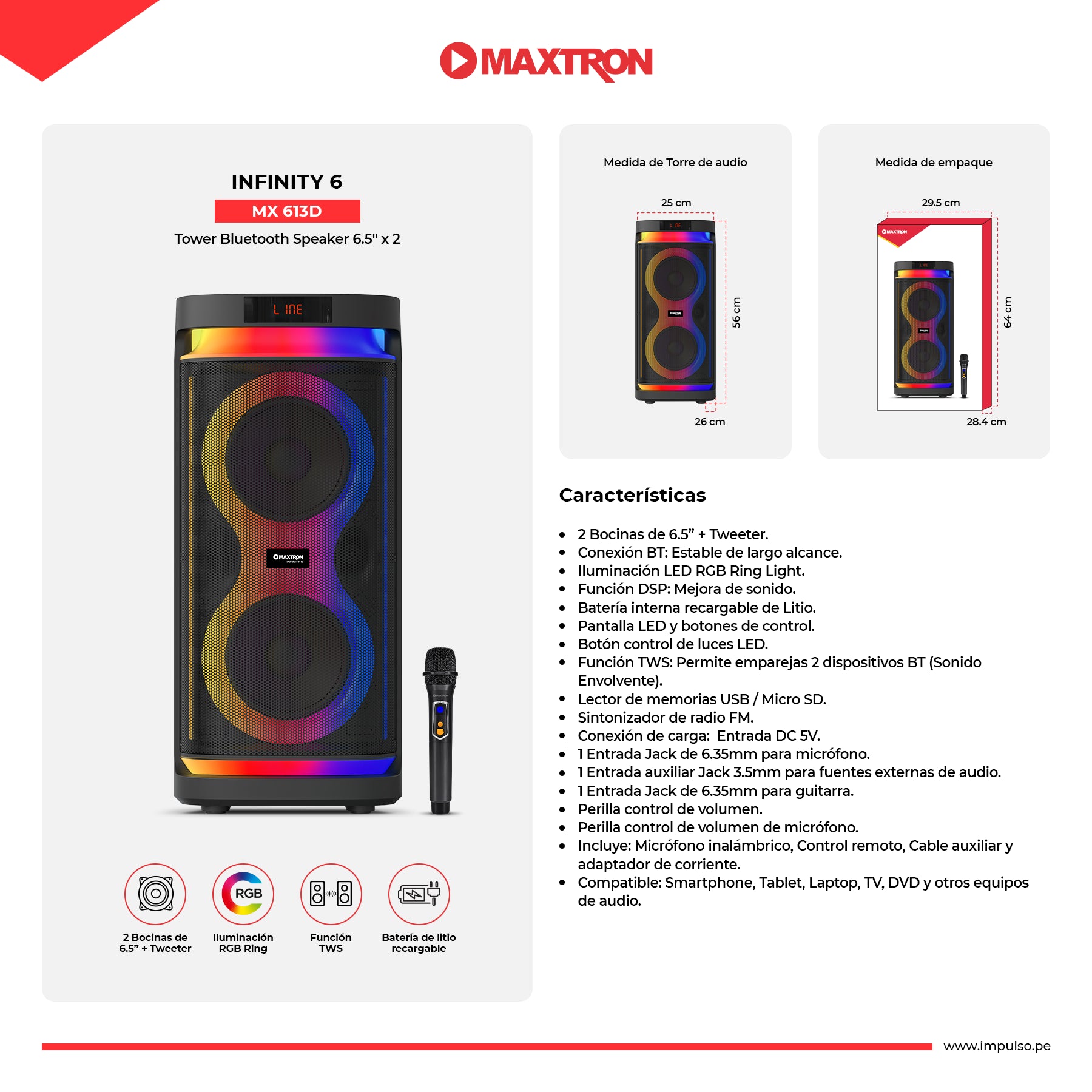 Torre de Sonido 6.5"x2 Infinity 6" MX613d
