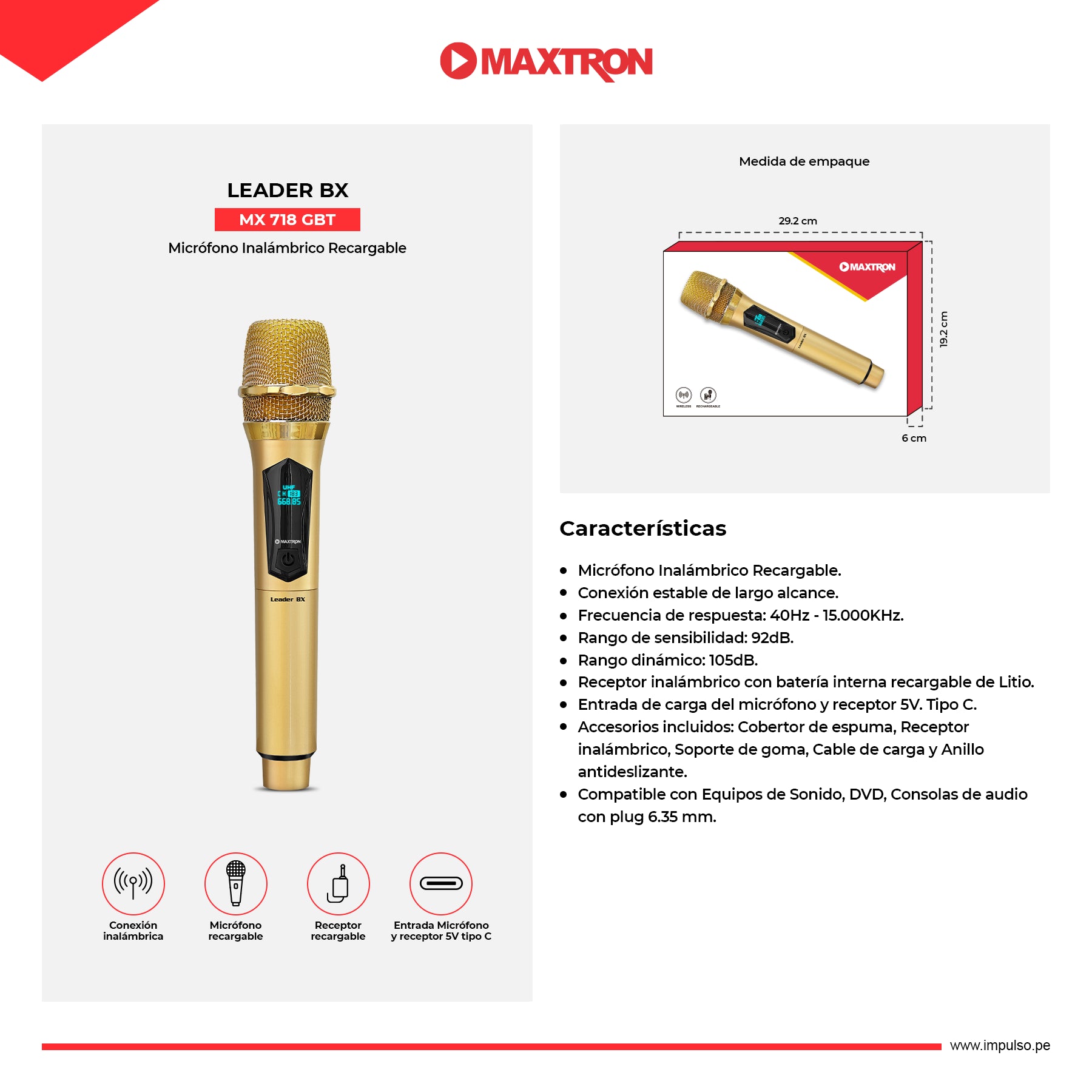 Micrófono Inalámbrico Recargable Leader BX MX 718G-BT