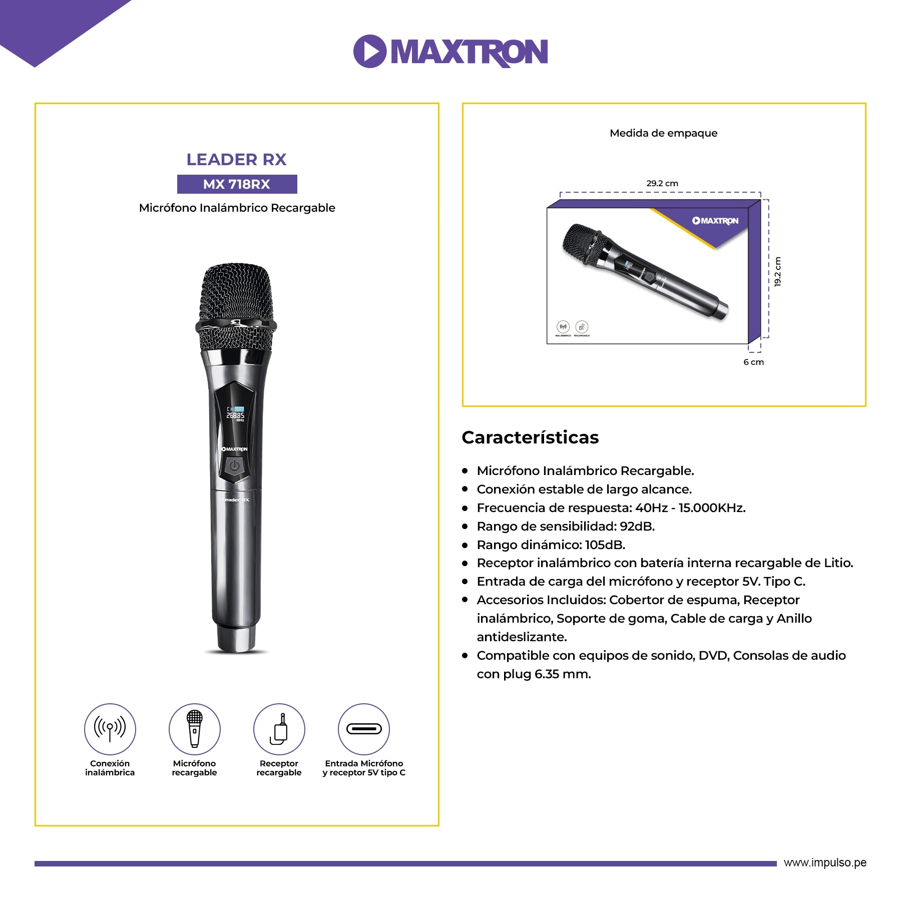 Micrófono Inalámbrico Recargable Leader RX MX 718RX