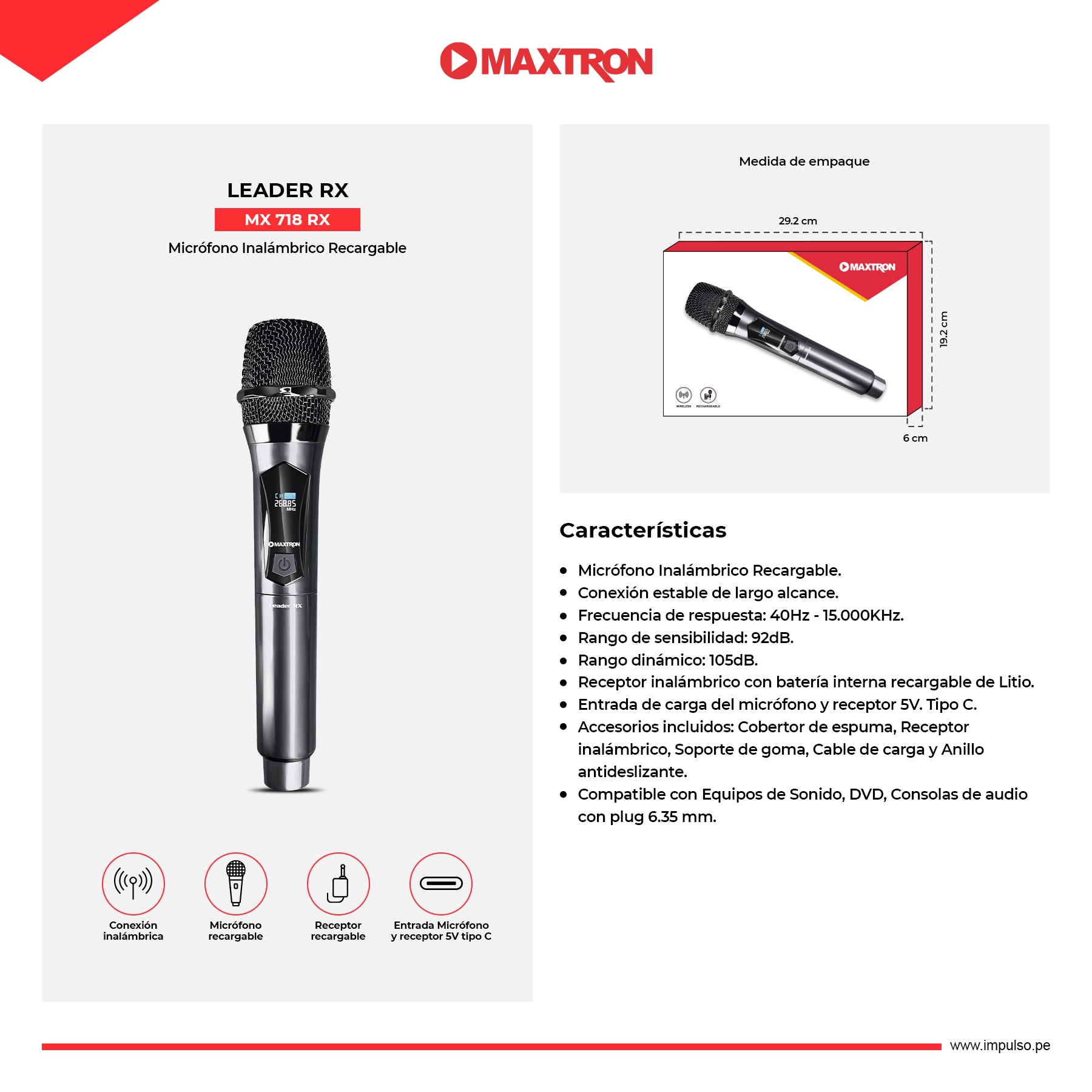 Micrófono Inalámbrico Recargable Leader RX MX 718RX