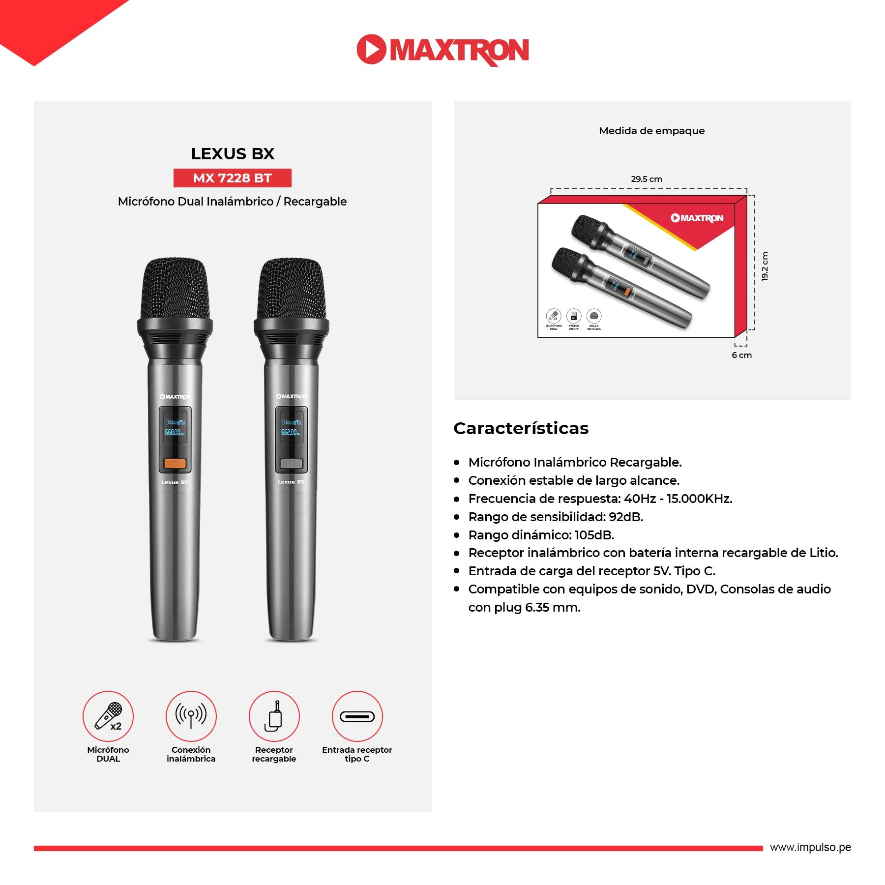 Micrófono Dual Inalámbrico Recargable Lexus Bx MX7228BT