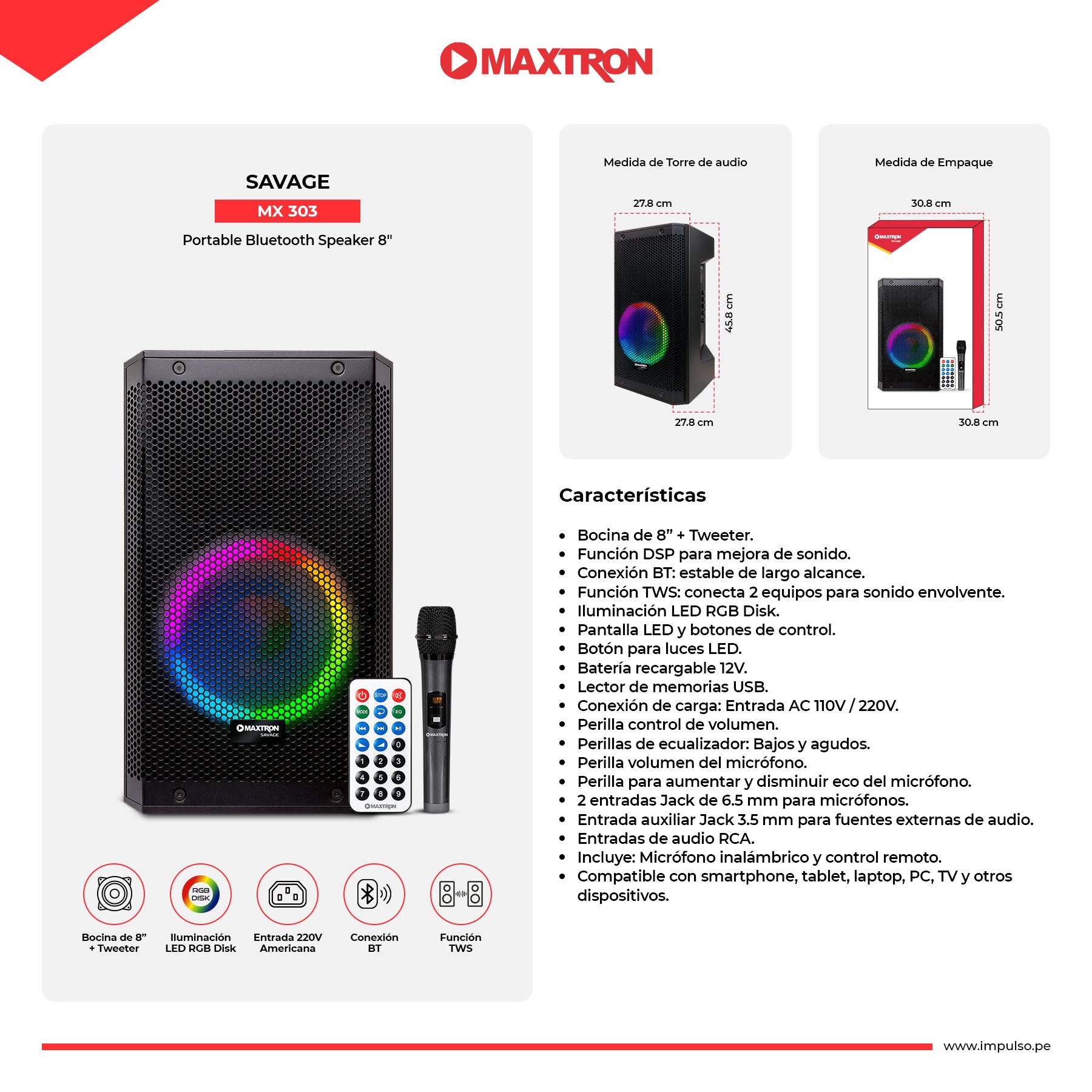 Parlante Portátil Recargable RGB Savage MX303
