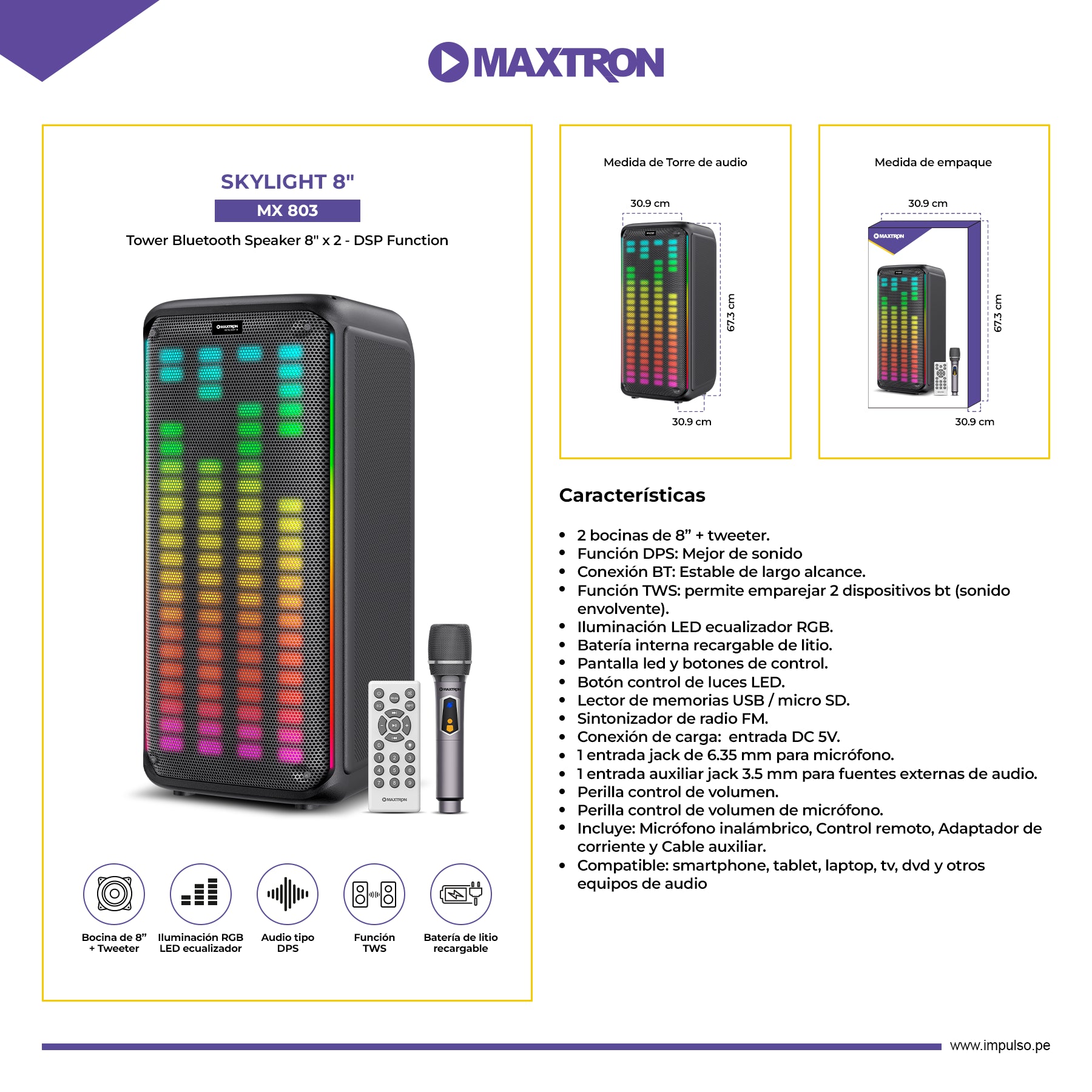 Torre de Sonido 8"x 2 Skylight 8" MX 803