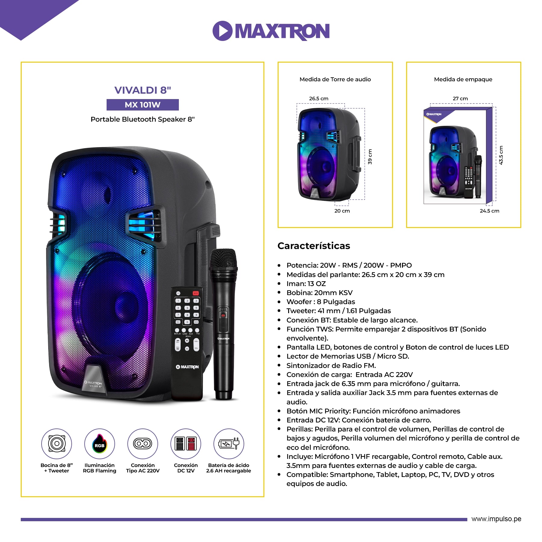 Parlante Portátil RGB Vivaldi 8" MX101W