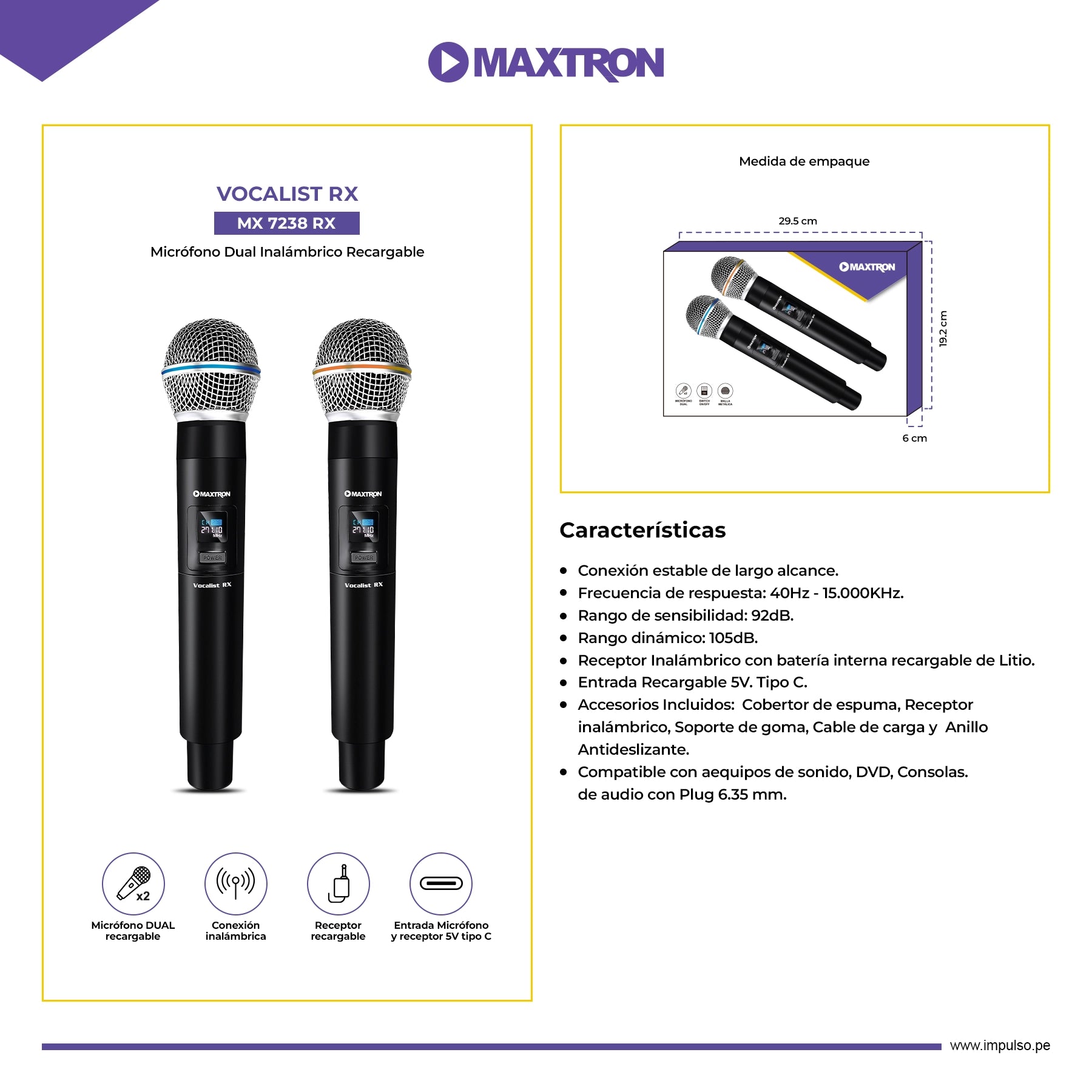 Micrófonos Dual Inalámbrico Recargable Vocalist RX MX 7238 RX