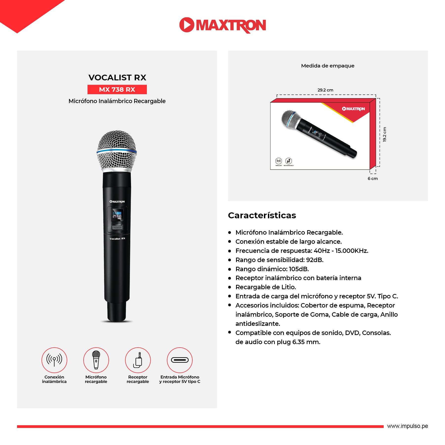 Micrófono Inalámbrico Recargable Vocalist RX MX 738 RX