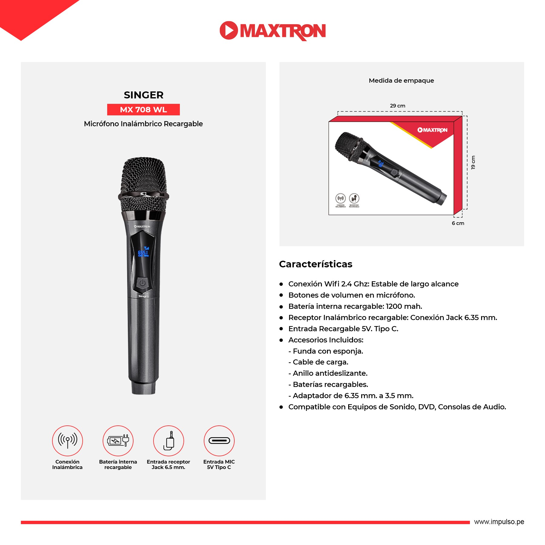 Micrófono Inalámbrico Recargable Singer MX708WL