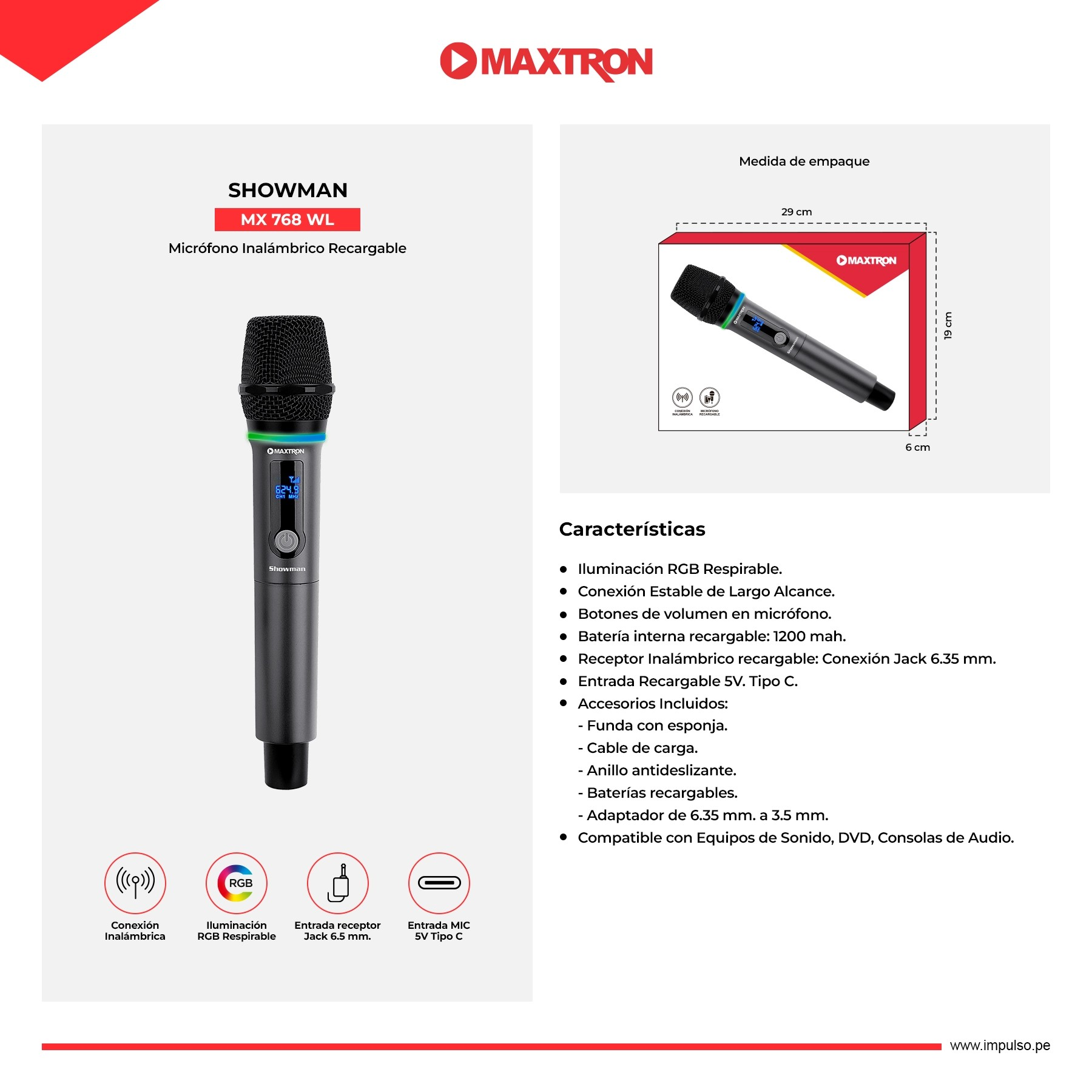 Micrófono Inalámbrico Recargable Showman MX768WL