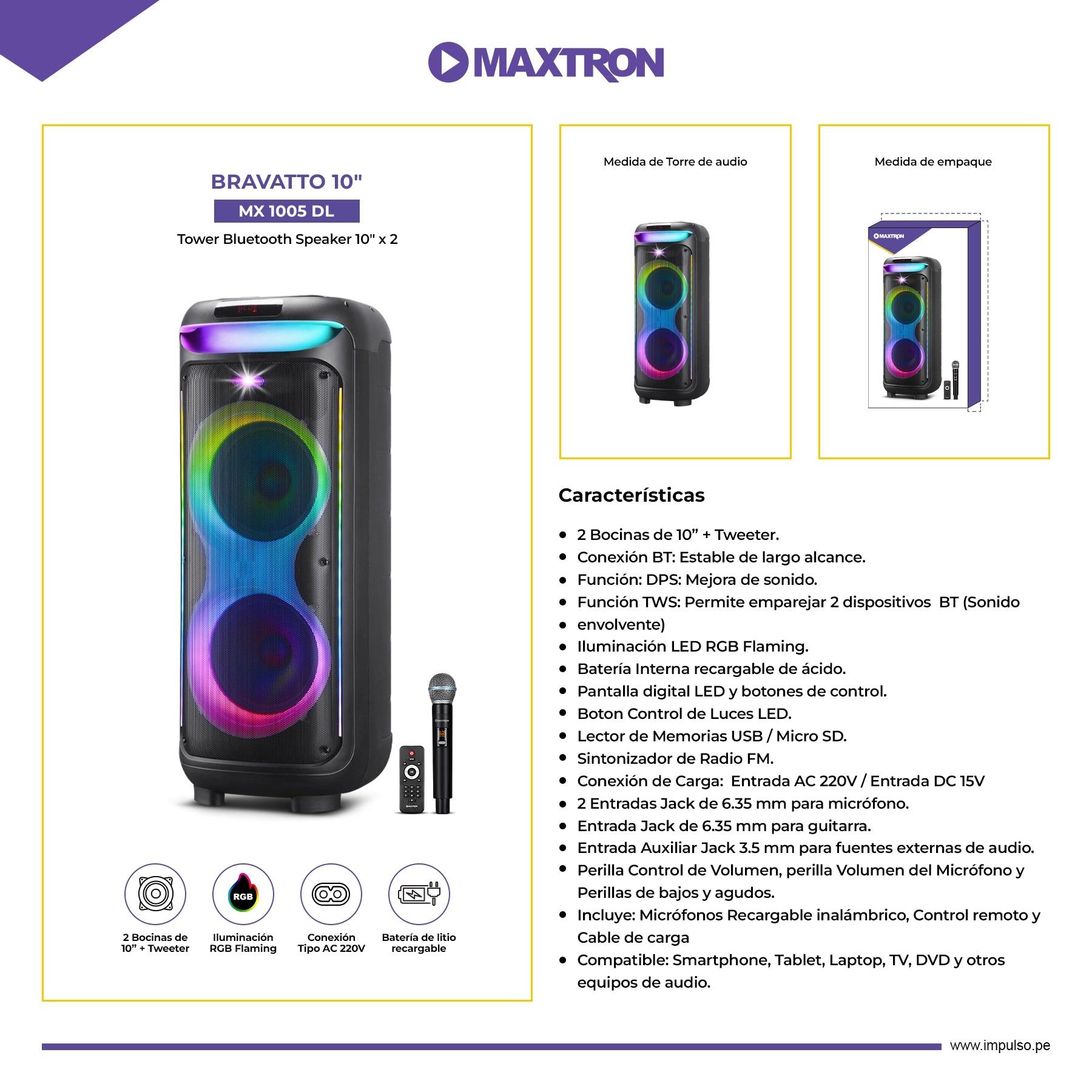 Torre de Sonido 10"x2 Bravatto 10" MX 1005DL