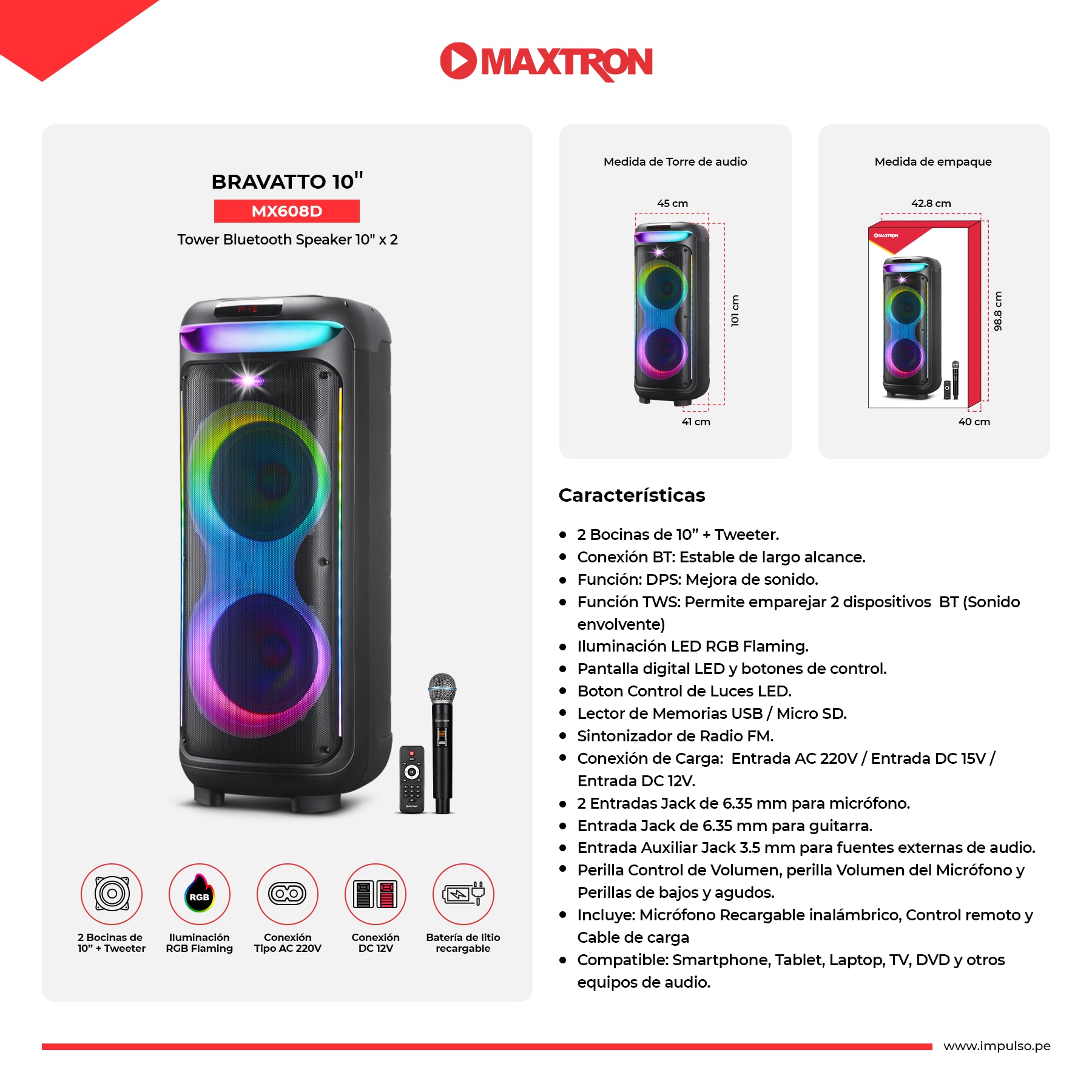 Torre de Sonido 10"x2 Bravatto 10" MX 1005DL