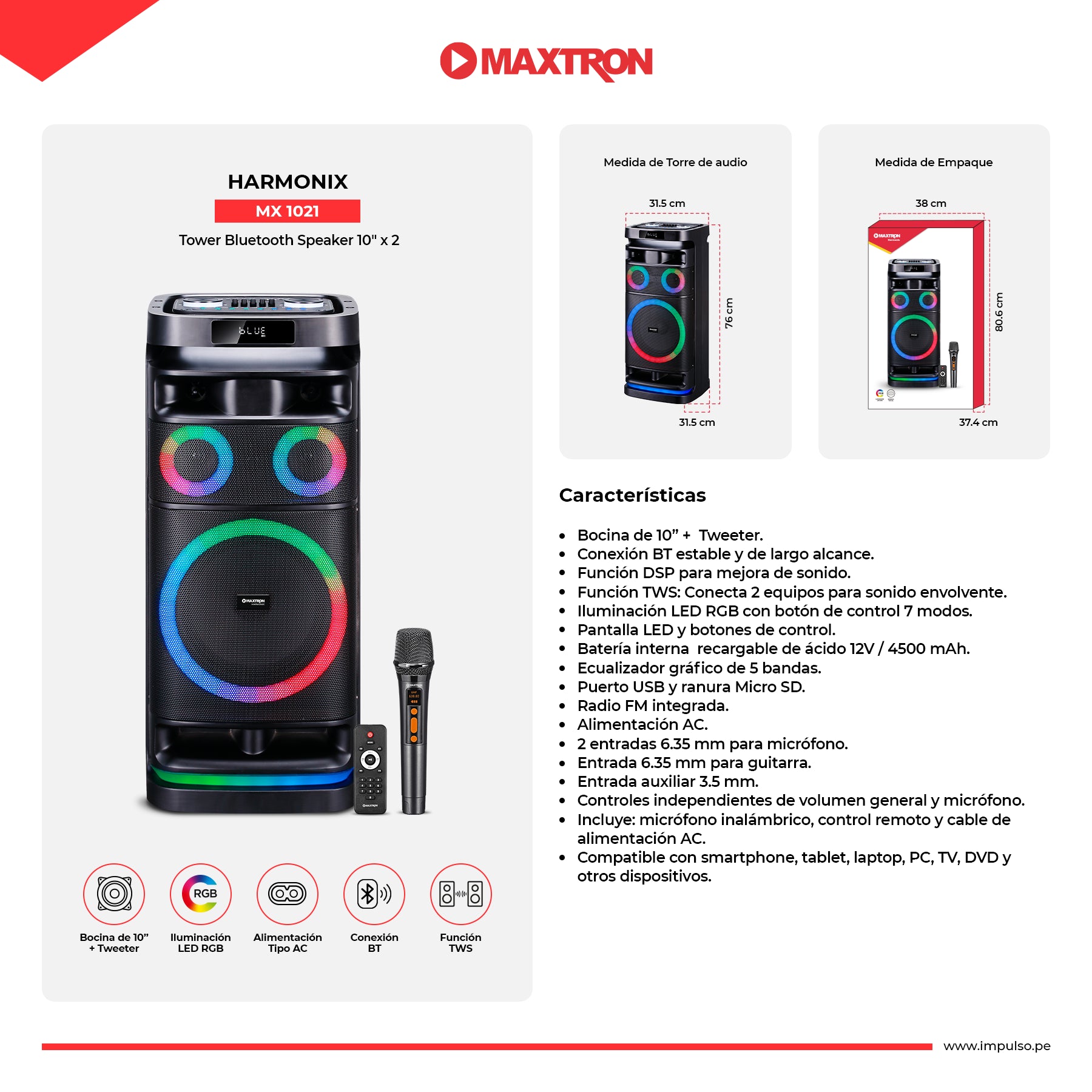 Torre de Sonido Recargable RGB 10"x2 Harmonix 10" MX1021