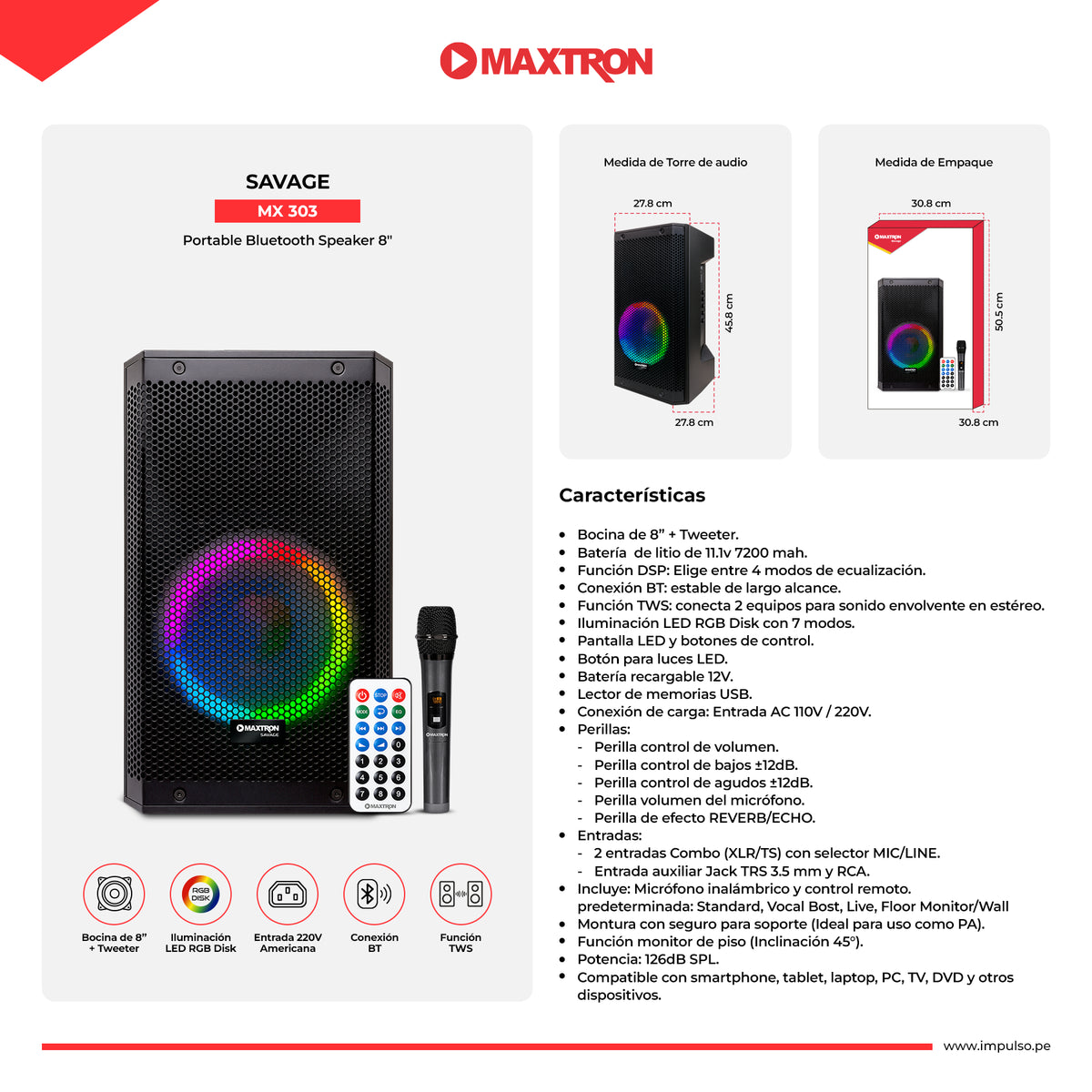 Parlante Portátil Recargable RGB Savage MX303