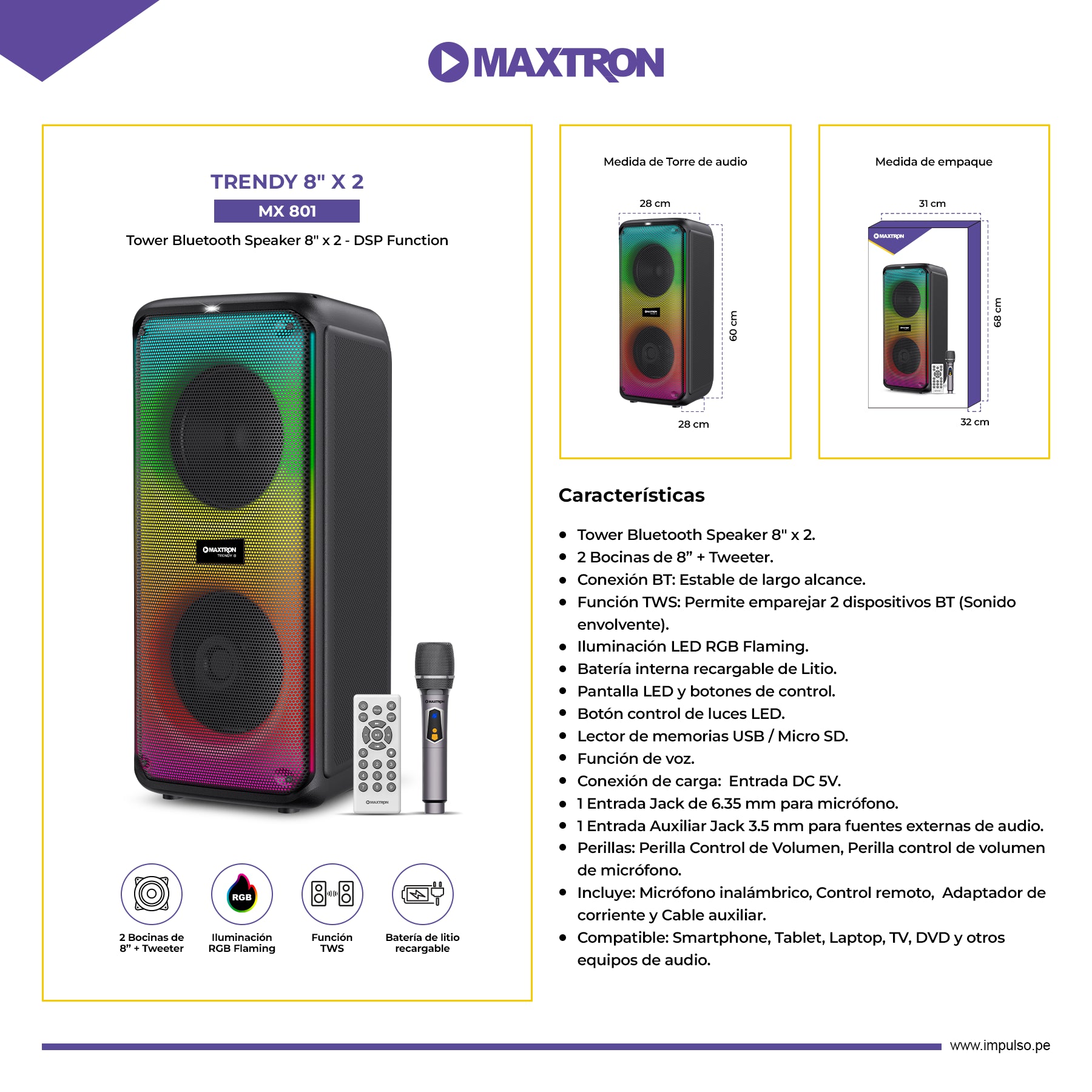 Torre de Sonido 8"x2 Trendy 8" MX801