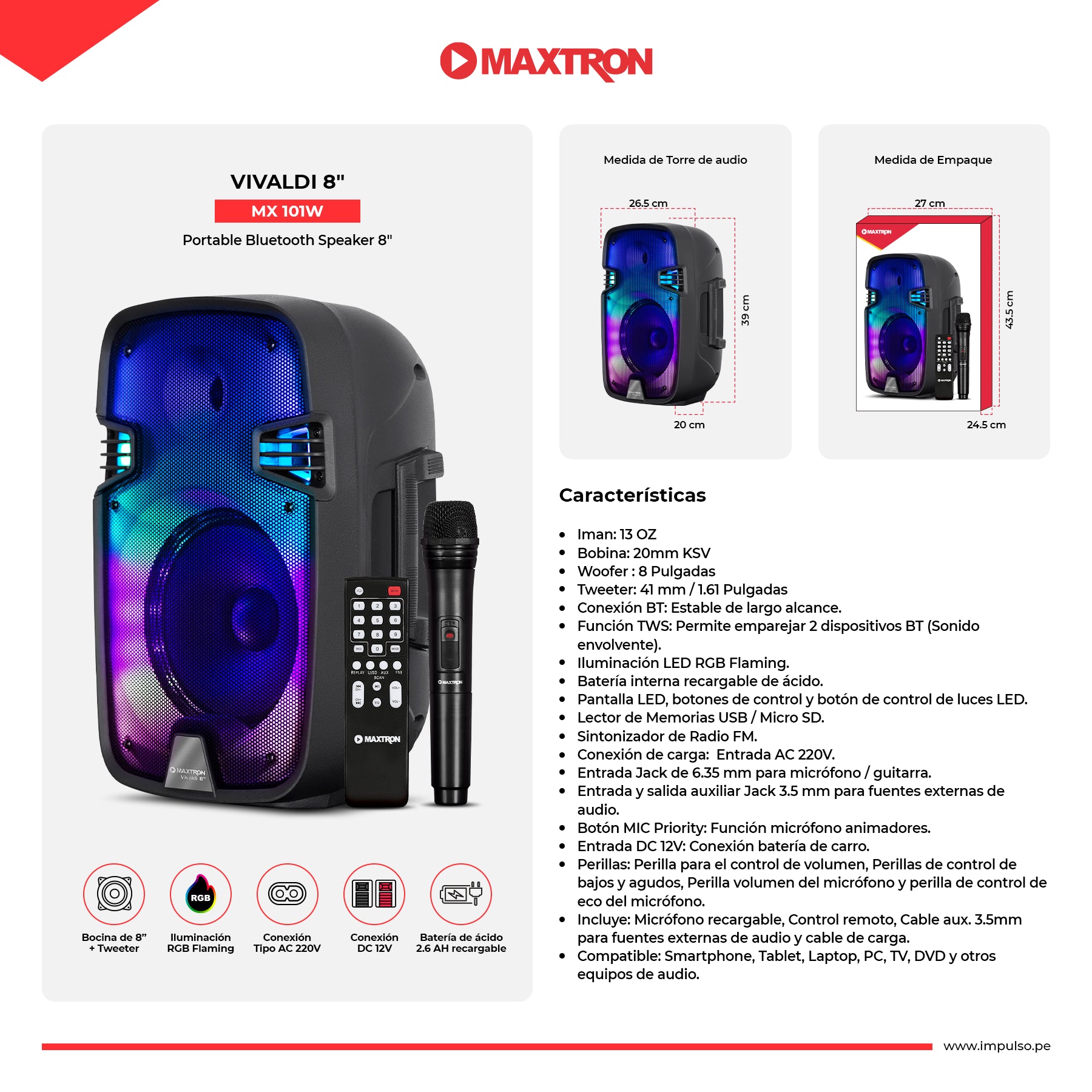 Parlante Portátil RGB Vivaldi 8" MX101W