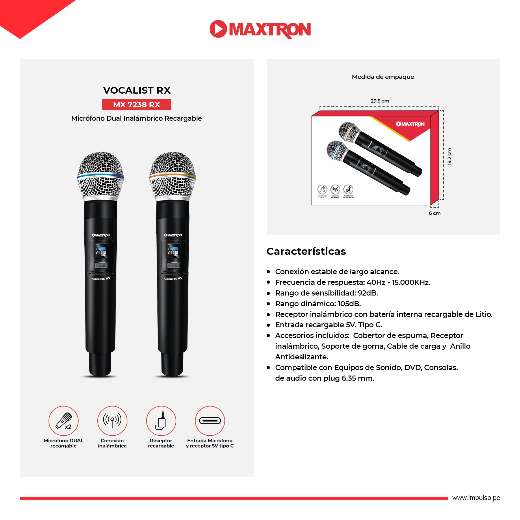 Micrófonos Dual Inalámbrico Recargable Vocalist RX MX 7238 RX