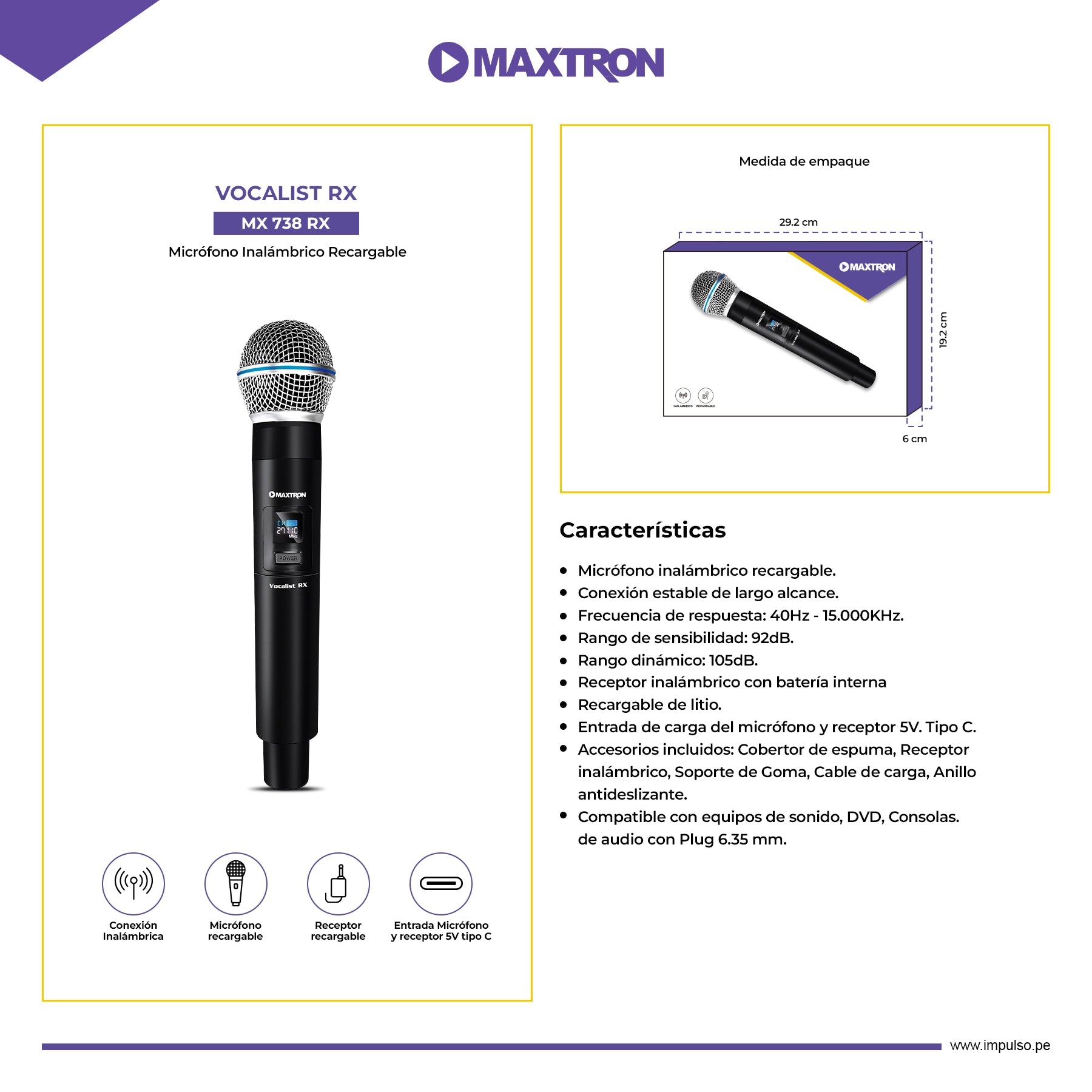 Micrófono Inalámbrico Recargable Vocalist RX MX 738 RX