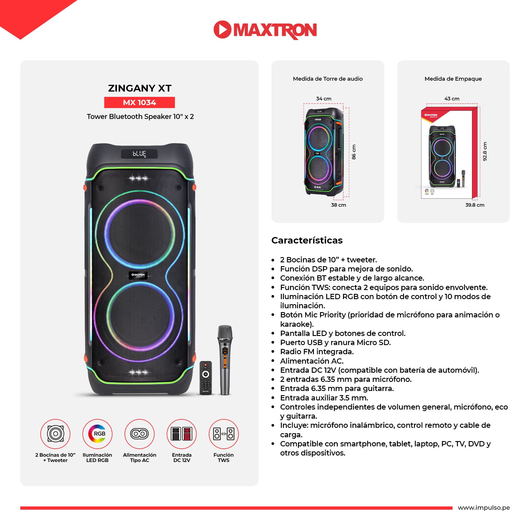 Torre de Sonido 10"x 2 Zingany XT 10" MX 1034